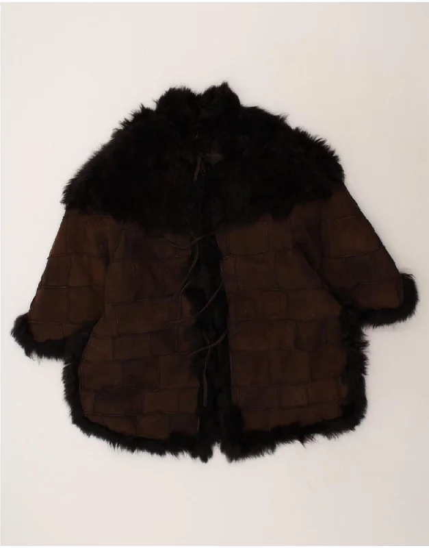 VINTAGE Womens Shearling Poncho Coat IT 42/44 Medium Brown Check Leather Cuffed Rolled Raglan