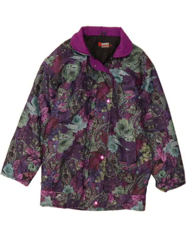 VINTAGE Womens Windbreaker Coat UK 18 XL Purple Floral Nylon Crew Neck V-Neck Boat Neck