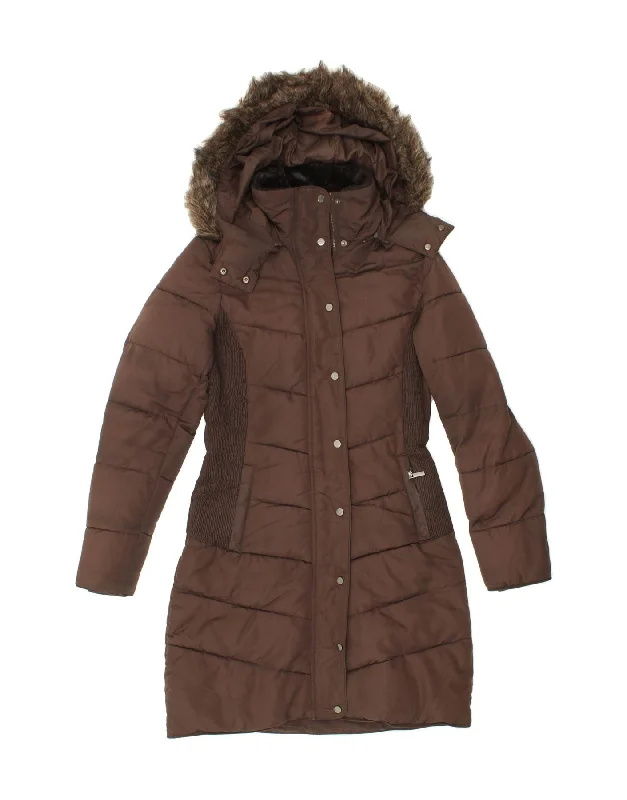 HOBBS Womens Hooded Padded Coat UK 8 Small Brown Sequined Lace Ribbed