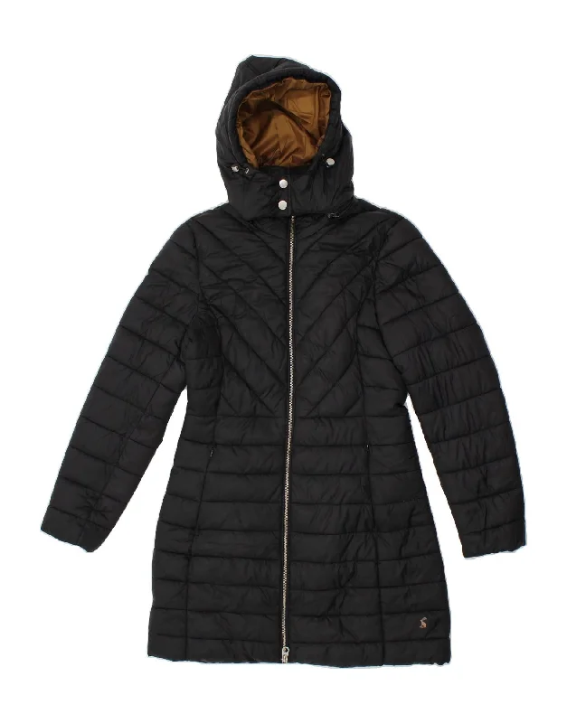 JOULES Womens Hooded Padded Coat UK 10 Small Black Polyamide Cape Coat Herringbone Coat Tweed Coat