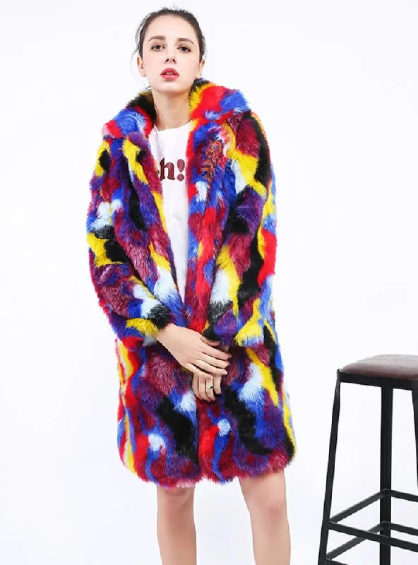 Women Faux Fur Coat Rabbit Fur Trench Color Matching Rayon Velvet Corduroy