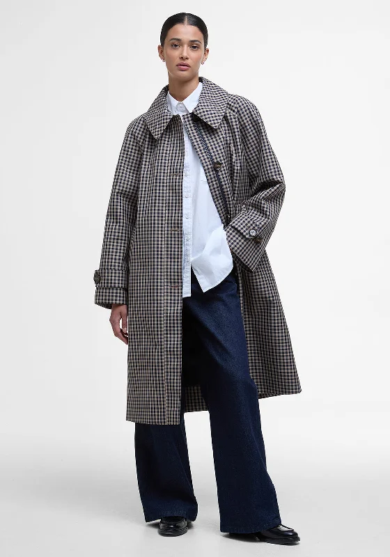 Barbour Nadine Checked Showerproof Car Coat, Navy and Beige Raincoat Turtleneck Coat Wrap Coat