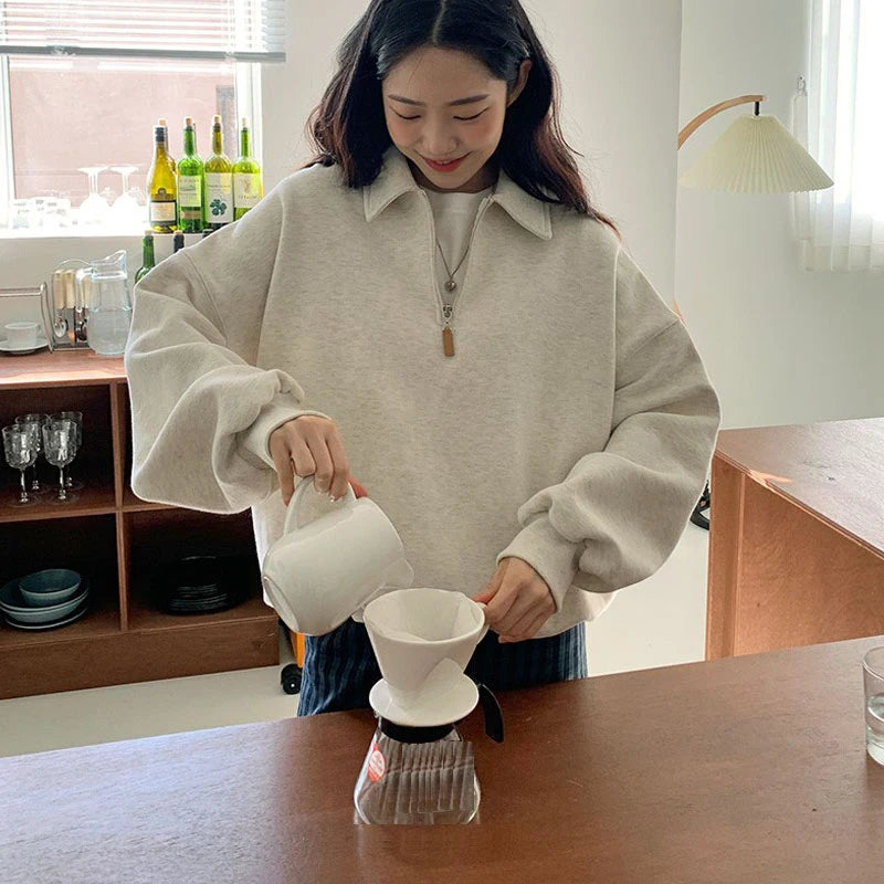 Advbridge Half Zipper Lapel Hoodie Women 2024 Autumn Winter Korean Fashion Casual Sweatshirt Coat Lazy Style Long Sleeve Tops Cuffed Rolled Raglan Advbridge Half Zipper Lapel Hoodie Women 2024 Autumn Winter Korean Fashion Casual Sweatshirt Coat Lazy Style Long Sleeve Tops Cuffed Rolled Raglan