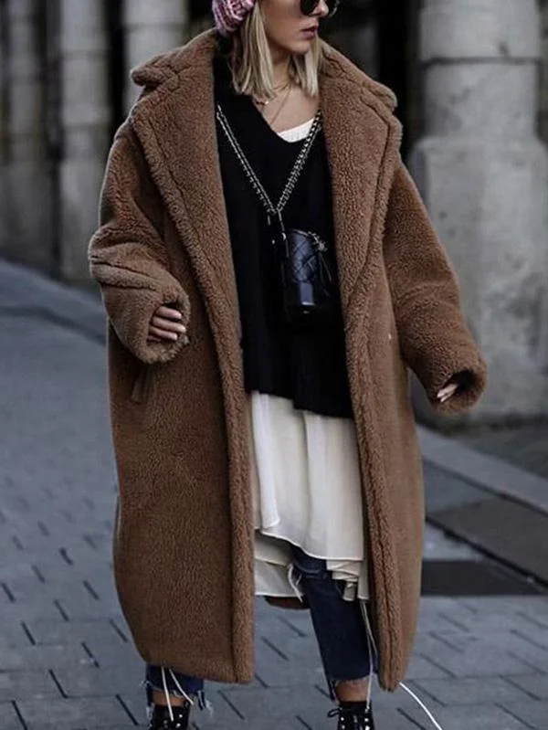 Stunning Solid Lapel Fuzzy Coat Boat Shawl Notched