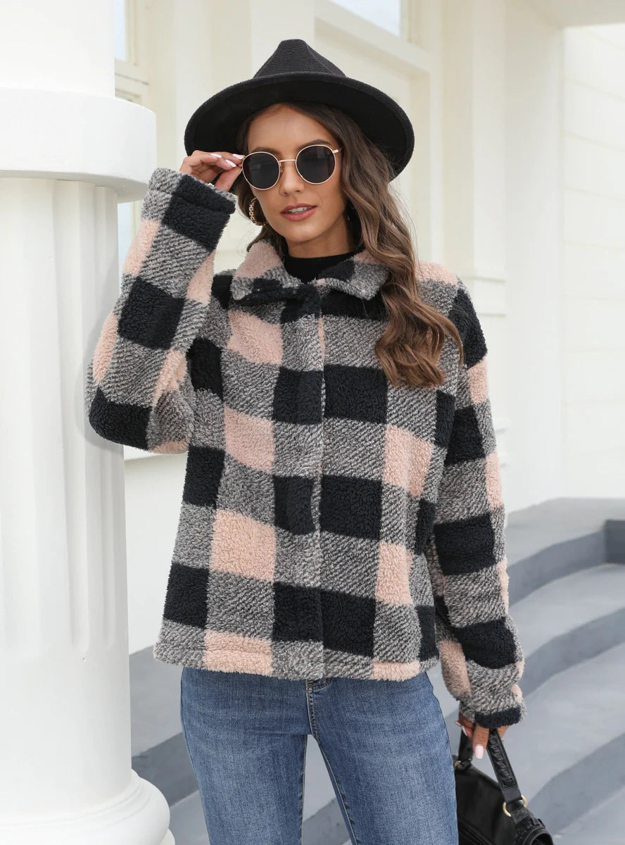 BUTTON PADDED WARM LAPEL PLAID PLUSH COAT Toggle Coat Shawl Collar Coat Notch Collar Coat