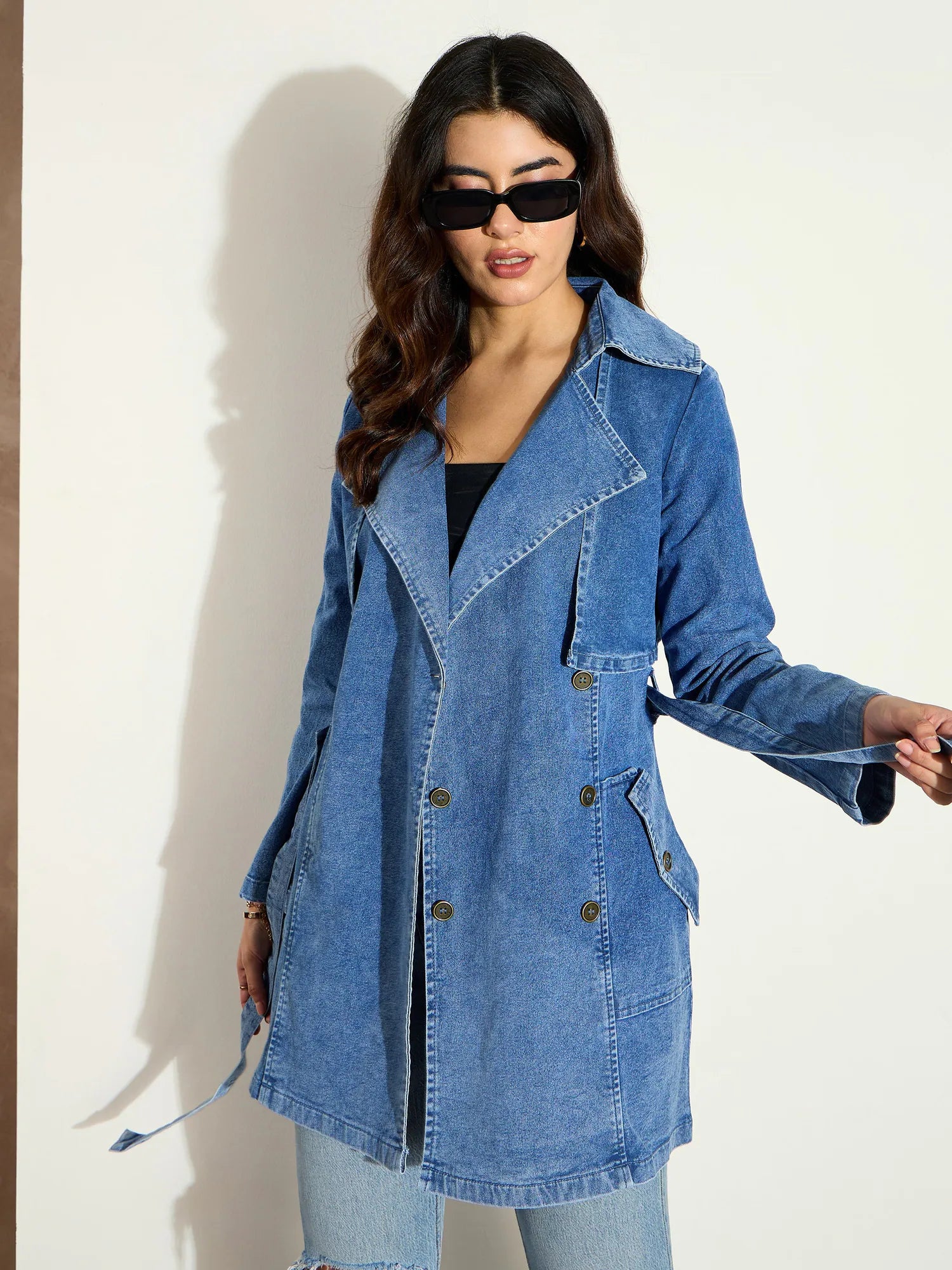 Women Blue Washed Denim Trench Coat-SFJCKT6977 Raincoat Turtleneck Coat Wrap Coat