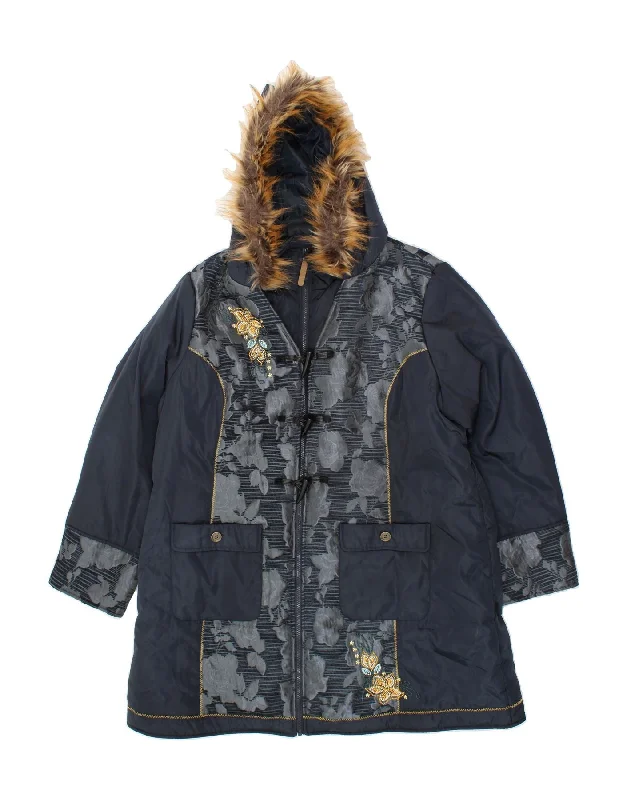 JOE BROWNS Womens Hooded Padded Coat UK 24 4XL Navy Blue Floral Polyester Boat Neck Jacket Square Neck Jacket One-Shoulder Jacket