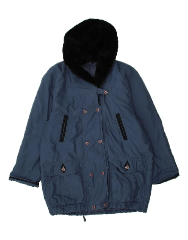 VINTAGE Womens Hooded Windbreaker Coat UK 20 2XL Blue Polyester Pleated Ruffled tiered