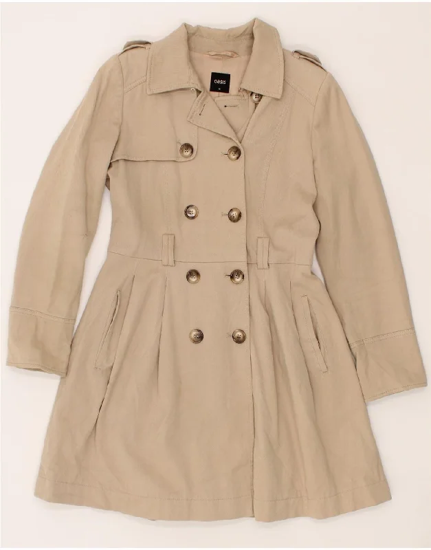 OASIS Womens Double Breasted Trench Coat UK 12 Medium Beige Cotton Tie-Waist Belted Drawstring