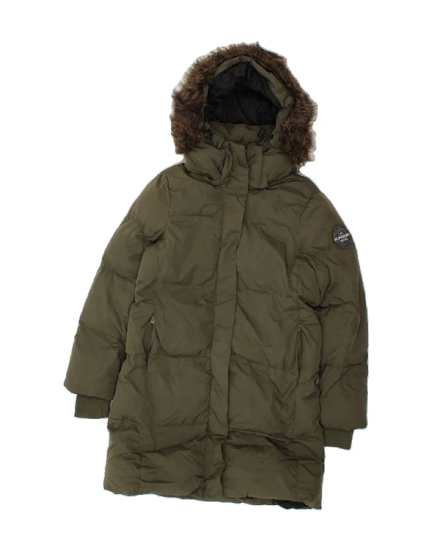 SUPERDRY Womens Hooded Padded Coat UK 14 Medium Khaki Polyester Buttoned Zippered Snapped