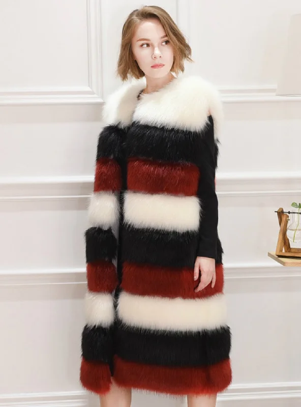 Women Contrast Color Fur Coat Artificial Fox Fur Mosaic Herringbone Houndstooth Plaid