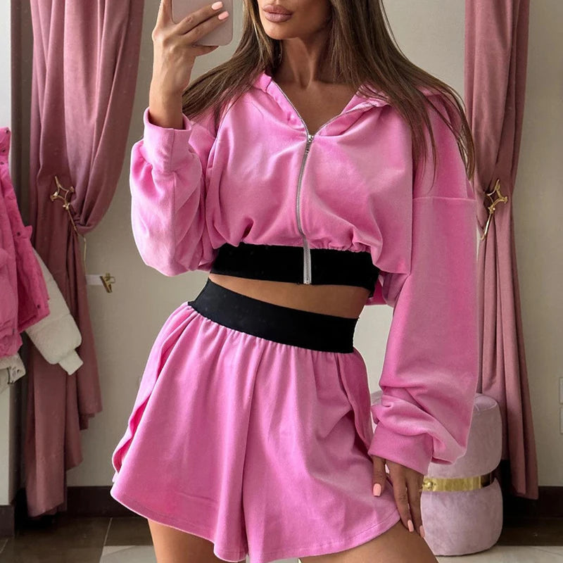 Advbridge Elegant Velvet Sportswear Outifts Fashion Zip Hoodies Coats and High Waist Shorts Suit Women Casual Long Sleeves Solid 2Pc Sets Mesh Canvas Denim Advbridge Elegant Velvet Sportswear Outifts Fashion Zip Hoodies Coats and High Waist Shorts Suit Women Casual Long Sleeves Solid 2Pc Sets Mesh Canvas Denim