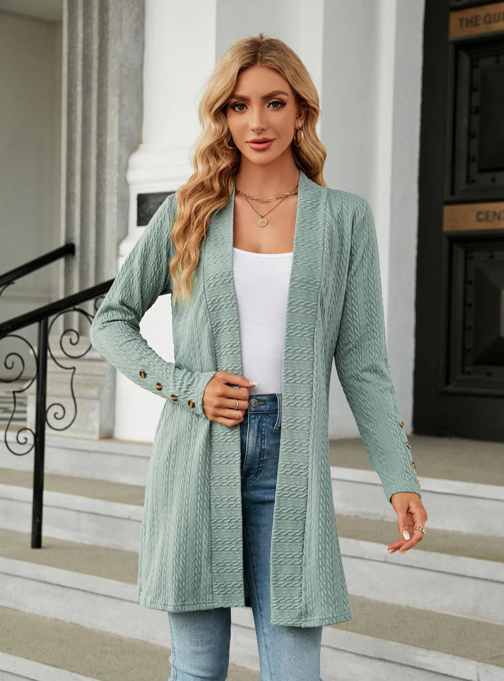 BUTTON LONG SLEEVE LOOSE COAT Boat Shawl Notched