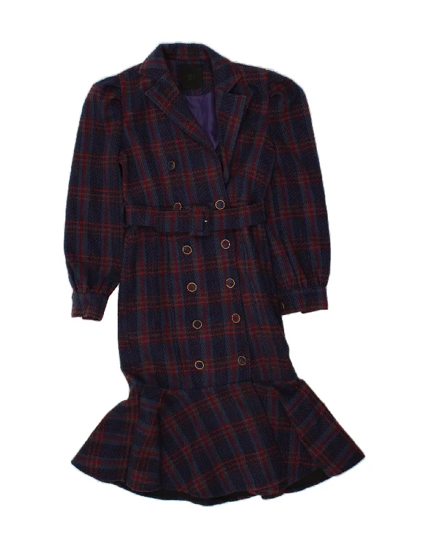 VINTAGE Womens Double Breasted Coat UK 10 Small Navy Blue Check Plaid Tartan Floral