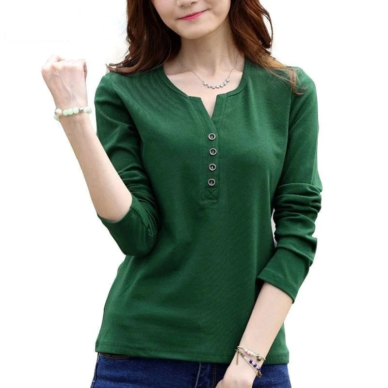 Autumn Fashion Long Sleeve T-Shirt Tops with Button Decoration for Women Chenille Fabric Brocade Fabric Lace Fabric