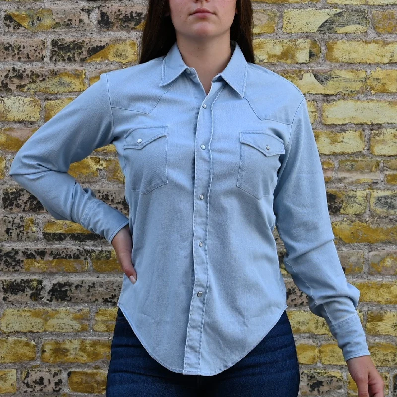 Blue Blanket Ladies Light Denim Western Shirt with Pearl Snaps Mesh Fabric Canvas Fabric Denim Fabric