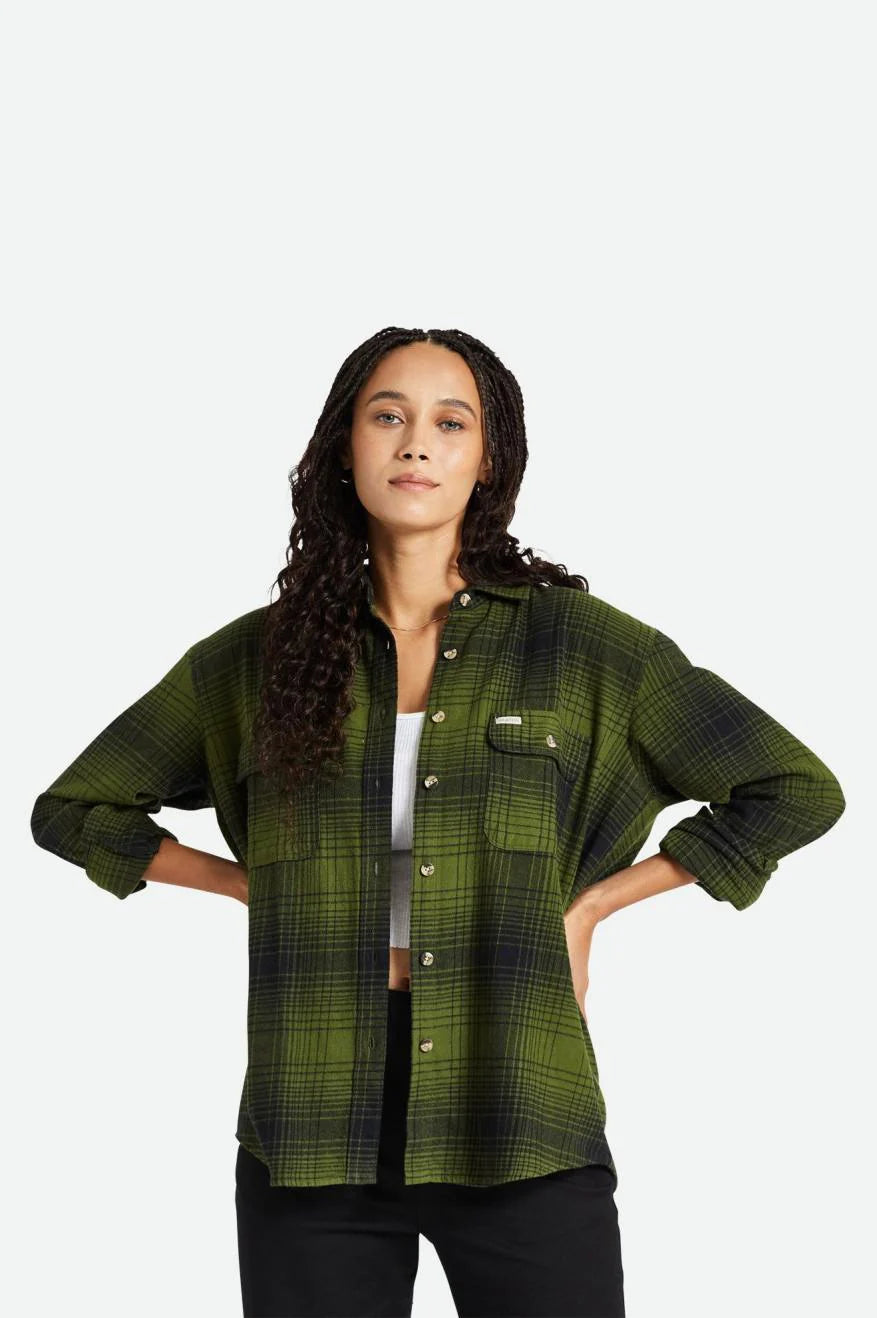 BRIXTON Women's Bowery Boyfriend Flannel Shirt Chive/Black Hooded Caped Shawl Collar BRIXTON Women's Bowery Boyfriend Flannel Shirt Chive/Black Hooded Caped Shawl Collar