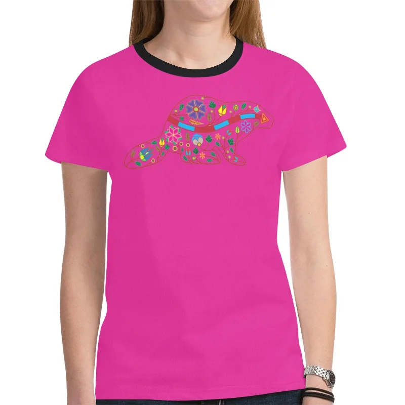 Floral Beaver Spirit Guide (Pink) T-shirt for Women Asymmetrical Pockets Print