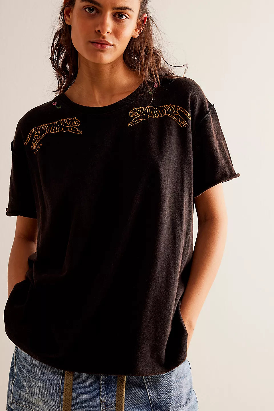 Free People We The Free Horsin' Around Tee - NIGHT COMBO TIGER Cotton Fabric Linen Fabric Terry Fabric