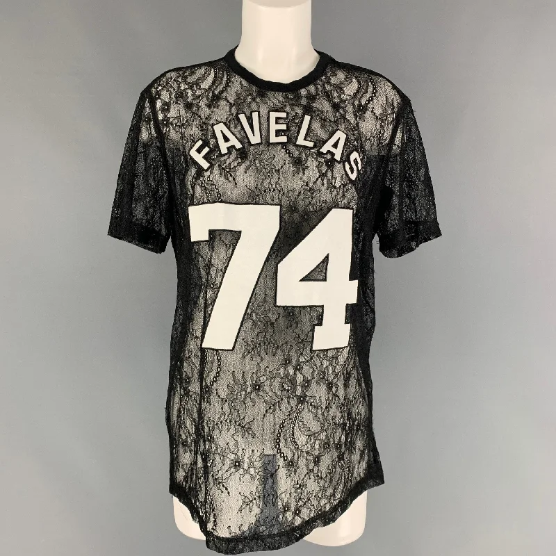 GIVENCHY Fall 2014 Size S Black White Favelas 74 Lace Crew-Neck T-Shirt Welt Pockets Slit Pockets Flap Pockets