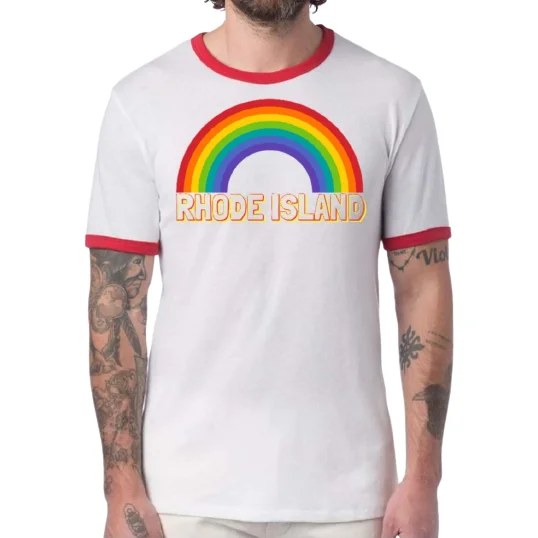 Large Rainbow Rhode Island White and Red Vintage Unisex Ringer Tee Collared Crew Neck Turtle Neck