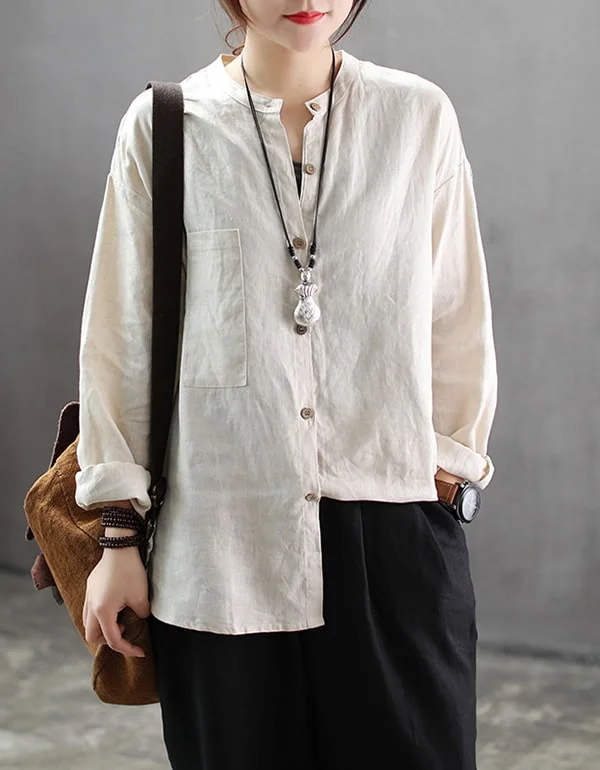 Loose Drop Shoulder Long-sleeved Shirt White V-Neck T-Shirt Long Sleeve Cotton