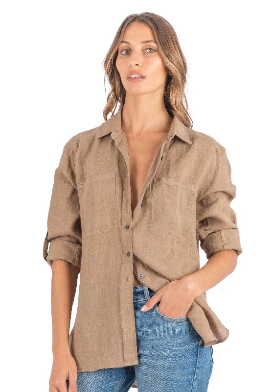 Luna Hazelnut Oversized Linen Shirt with Pockets Silk Blend Satin Velvet