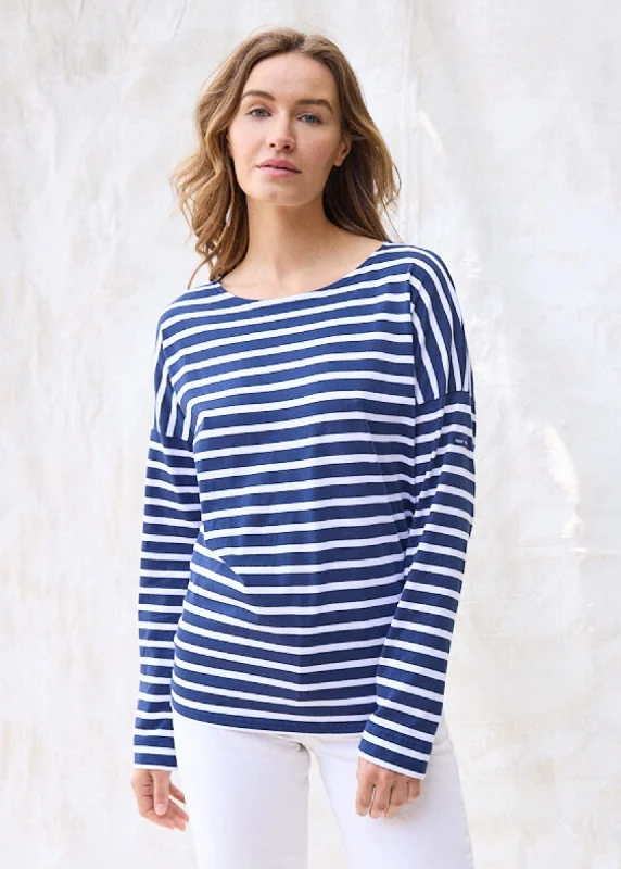 MINQUIERS DROP II - Drop-Shoulder Breton Striped Shirt | Soft Cotton | Straight Fit (NAVY / WHITE) Machine Wash Dry Clean Hand Wash