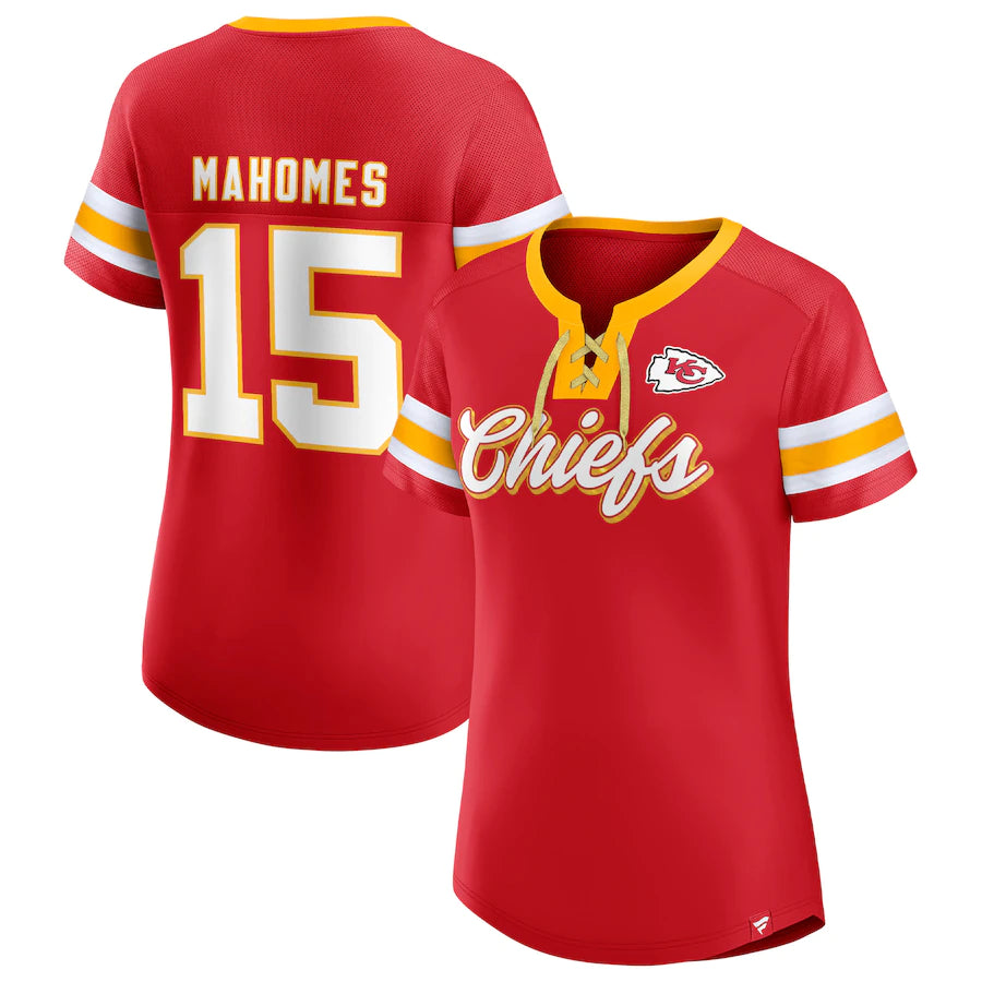 Kansas City Chiefs Women's Patrick Mahomes Athena Name & Number Notch Neck T-Shirt - Red Handmade Hand-knitted Hand-woven