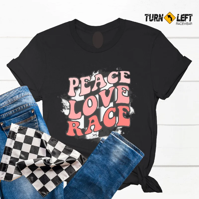 Peace Love Race Distressed Checkered Flag T-Shirt Beaded Sequined Faux Fur