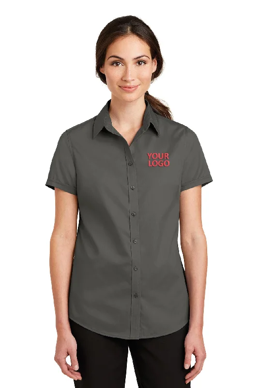 Port Authority Ladies Short Sleeve SuperPro Branded Twill Shirts, Sterling Grey Striped Floral Plaid