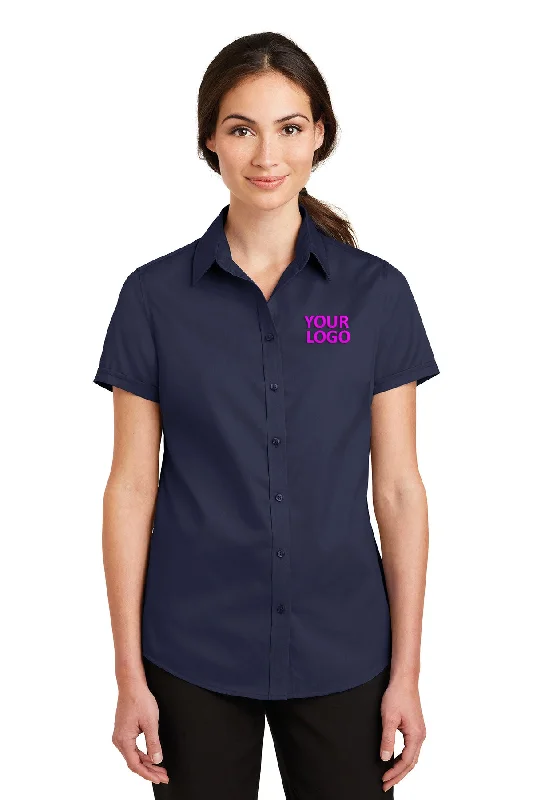 Port Authority Ladies Short Sleeve SuperPro Branded Twill Shirts, True Navy Striped Floral Plaid