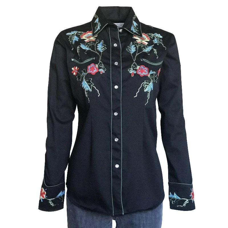 Rockmount Ranch Wear Womens Floral Embroidery Cotton Gab Western Shirt Zippered Buttoned Snapped