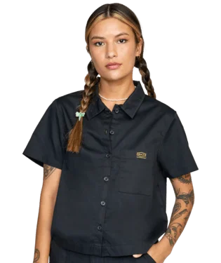 RVCA Women's Recession Short Sleeve Button-Up Shirt RVCA Black Solid Color Striped Floral