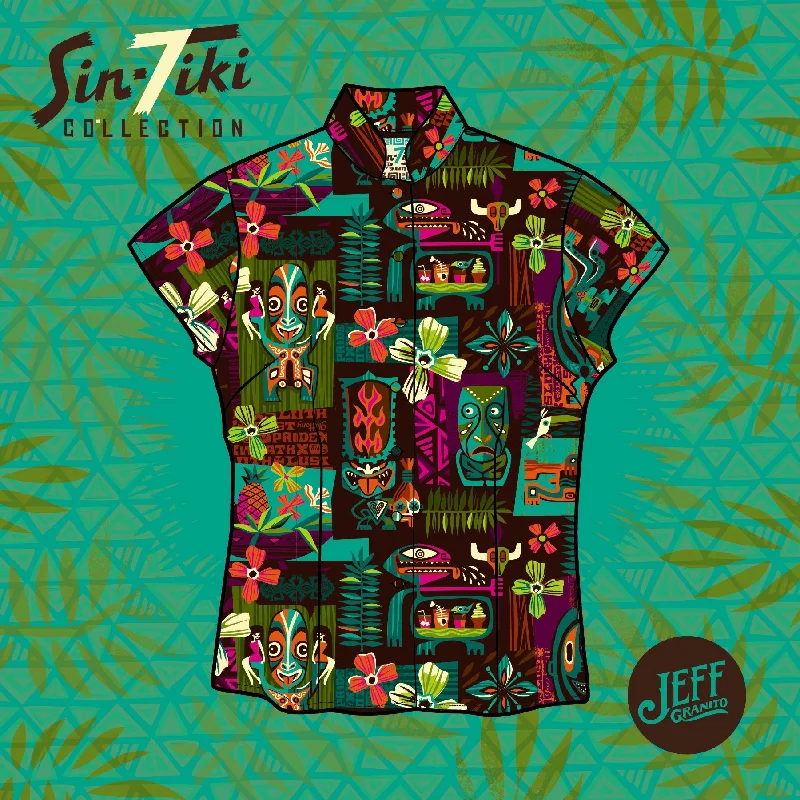 LAST CHANCE, 'Sin-Tiki' Classic Aloha Button Up-Shirt - Womens Fleece Nylon Spandex