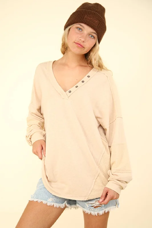 VERY J Washed V-Neck Exposed Seam Knit Top Beige Knit Top