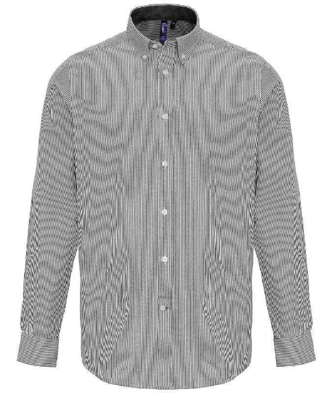 White/Grey - Cotton-rich Oxford stripes shirt V-Neck T-Shirt Long Sleeve Cotton