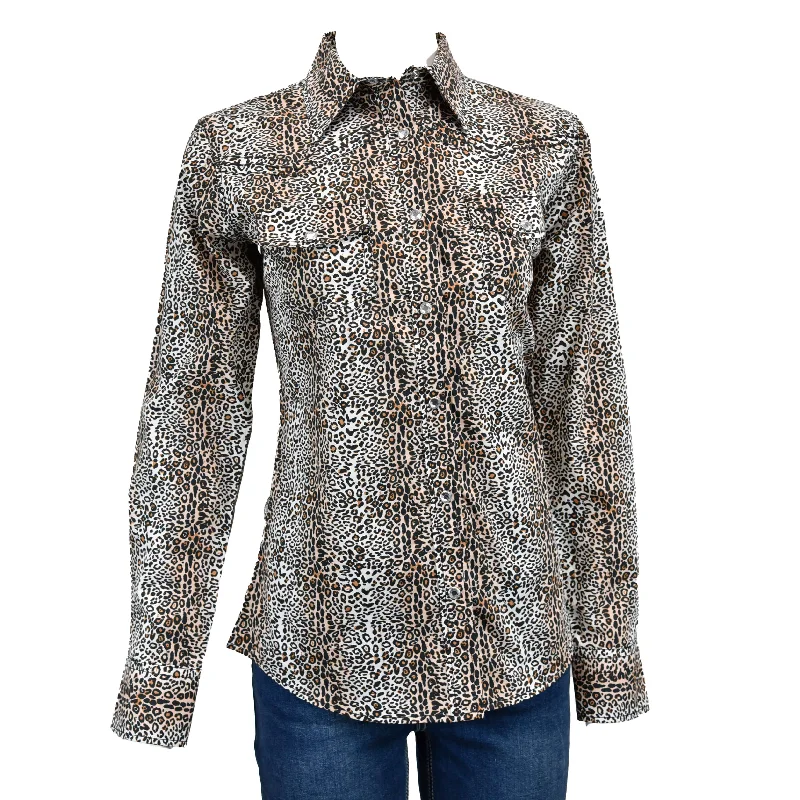 Women's Cowgirl Hardware Natural Leopard Long Sleeve Western Shirt Notch Collar Peter Pan Collar Cowl Neck