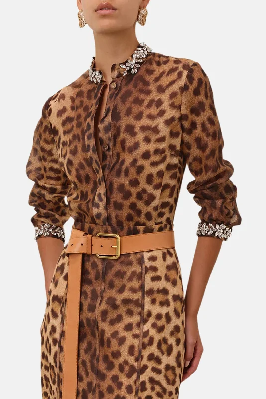 Crush Embellished Body Shirt Leopard Front Pockets Side Pockets Patch Pockets