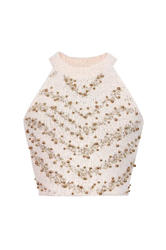 Glitter Lurex Bead Embellished Round Neck Sleeveless Crop Knit Top Silver Knit Shirt