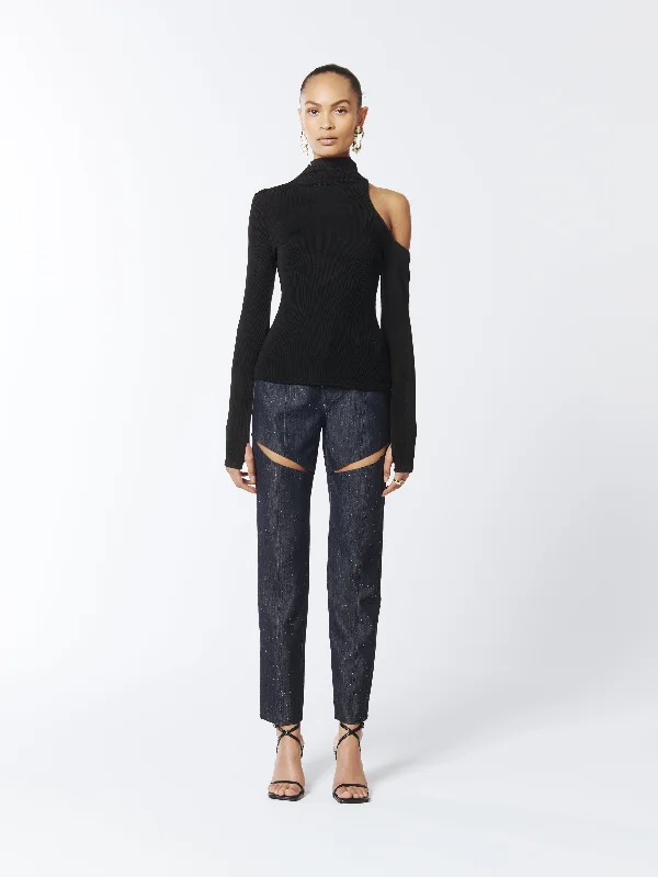 Asymmetric One-Shoulder Cutout Turtleneck Knit Top in Black Premium Knit Blouse