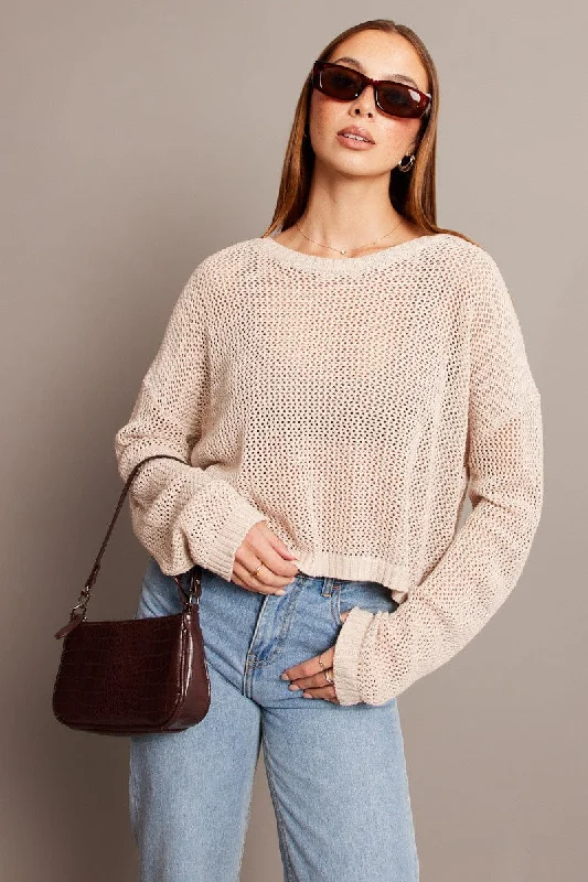 Beige Crochet Knit Top Boat Neck Long Sleeve Mustard Yellow Knit Tee