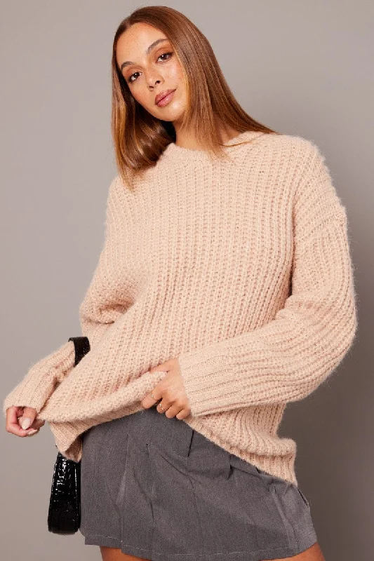 Beige Knit Top Long Sleeve Chunky Designer Knit Top