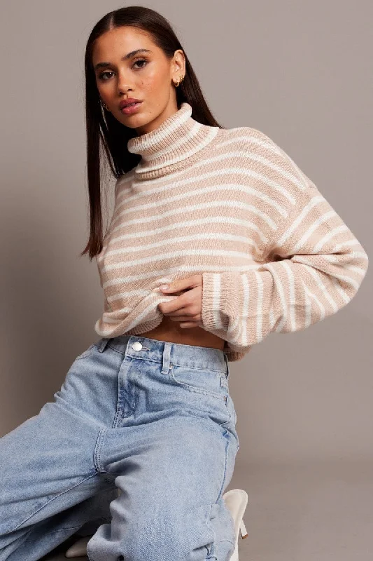 Beige Stripe Knit Top Long Sleeve High Neck Chic Knit Top