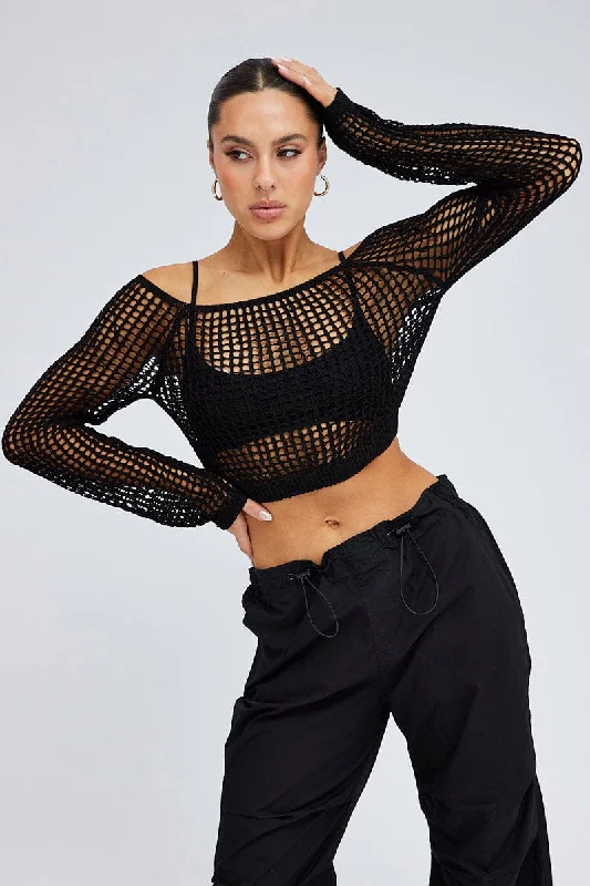 Black Crochet Knit Top Long Sleeve Square Neck Textured Knit Blouse