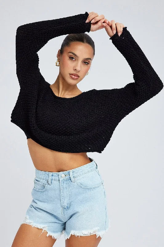 Black Knit Top Long Sleeve Crew Neck V Neck Knit Shirt