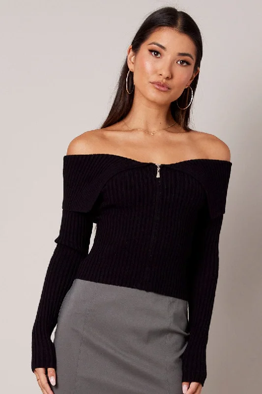 Black Off Shoulder Knit Top Long Sleeve Cream Knit Top