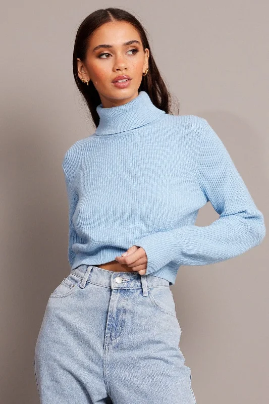 Blue Knit Top Long Sleeve High Neck Crop Budget-Friendly Knit Tee