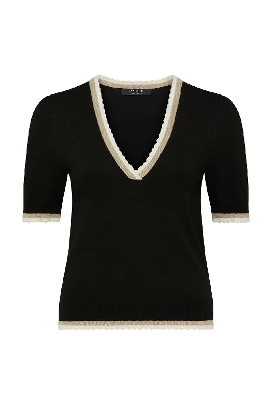 CABLE JOELLE SCALLOP KNIT TOP  - BLACK Bronze Knit Blouse