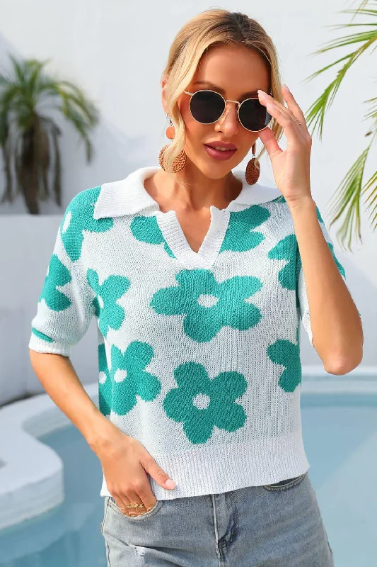 Floral Johnny Collar Half Sleeve Knit Top Fashion Knit Shirt